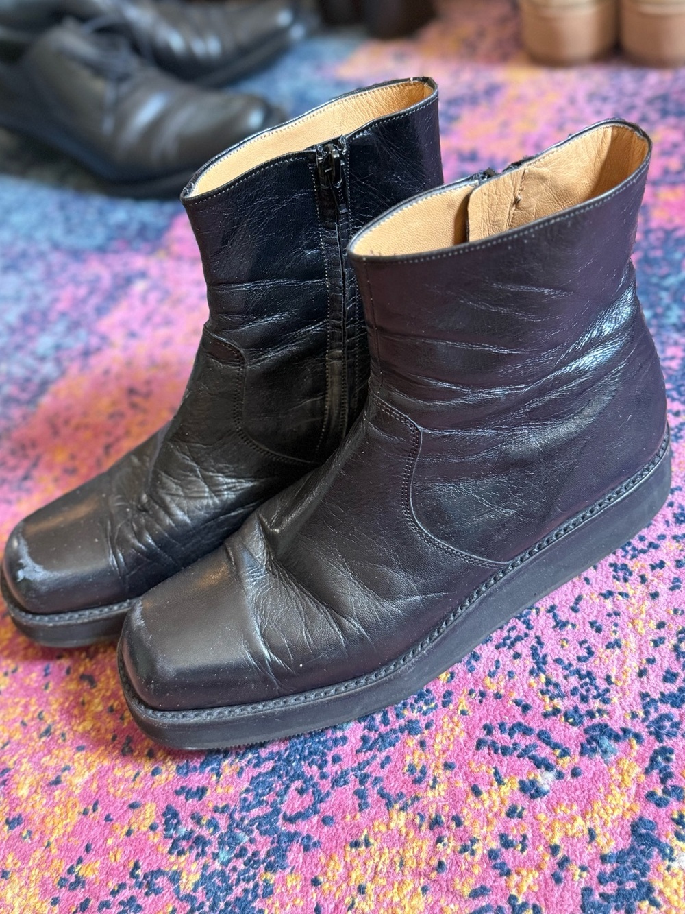 Jil Sander Black Leather Square Toe Platform Ankle Boots 39